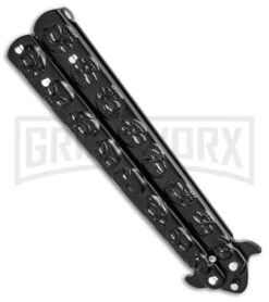 Chalkhill Balisong Black Butterfly Knife - Black Skull Handles -Kershaw Shop Black Skull Balisong Drop Point Butterfly Knife Black Finish GX 37658 td spine large