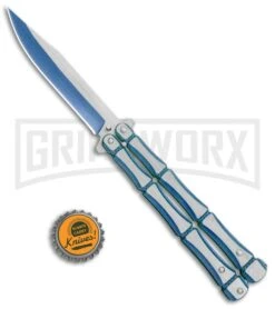 Blue Bone Balisong Drop Point Butterfly Knife - 2 Tone Plain -Kershaw Shop Blue Bone Balisong DP Butterfly TT Plain GX 37371 jr bottlecap large