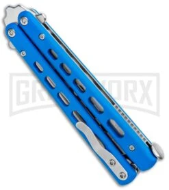Boker Plus Mini Balisong Blue Skeletonized Trainer Knife - Satin Dull -Kershaw Shop Boker Plus Mini Balisong Trainer Blue Holes G 10 Satin 01BO715SOI BHQ 99636 jr side large