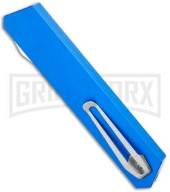 Boker USA Kwaiken OTF Automatic Knife Blue Aluminum (3.4" Satin) 06EX550 -Kershaw Shop Boker USA Kwaiken OTF Auto Blue Aluminum SW 06EX550 BHQ 115742 jr side large