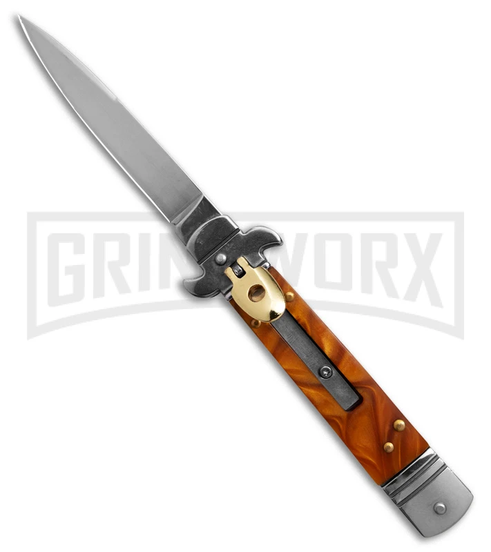 Italia Brass Lever Lock Automatic Stiletto Knife Gold Smoke Handle - Satin Plain 3 Italia Brass Lever Lock Automatic Stiletto Knife Gold Smoke Handle - Satin Plain