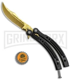 Andux CS Black Balisong Butterfly Knife W/ Black Inlays - Bowie Gold Plain -Kershaw Shop Butterfly Black Handle Yellow Blade BF310477 2 BHQ 81130 jr bottlecap large