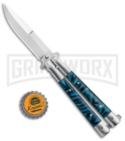 Noble Flipper Blue Marble Balisong Butterfly Knife - Satin Plain -Kershaw Shop Butterfly Blue Marble Inlay BHQ 81121 jr bottlecap large