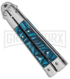 Noble Flipper Blue Marble Balisong Butterfly Knife - Satin Plain -Kershaw Shop Butterfly Blue Marble Inlay BHQ 81121 jr side large