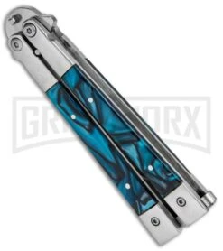 Noble Flipper Blue Marble Balisong Butterfly Knife - Satin Plain -Kershaw Shop Butterfly Blue Marble Inlay BHQ 81121 jr spine large