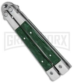 Noble Flipper Green Marble Balisong Butterfly Knife - Satin Plain -Kershaw Shop Butterfly Green Marble Inlay BHQ 81124 jr side large