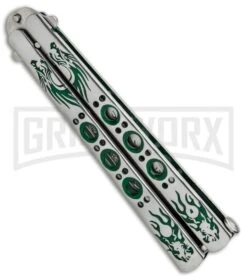 Butterfly Knife Green Dragon Etched Blade - Satin Tanto -Kershaw Shop Butterfly Knife Green Dragon Etched Blade PK4 GX 32065 jr side large