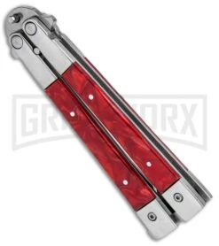 Noble Flipper Red Marble Balisong Butterfly Knife - Satin Plain -Kershaw Shop Butterfly Red Marble Inlay BHQ 81123 jr side large