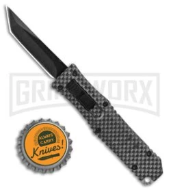 Mini Marvel Sim. Carbon Fiber HL OTF Automatic Knife - Black Tanto Blade -Kershaw Shop Coffin Blaster Sim CF DA OTF Auto Tanto Black GX 33815 jr bottlecap large