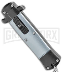 Enzo OTF Gray/Black Automatic Keychain Knife - Satin Spear Point Plain -Kershaw Shop Enzo OTF Gray Black Auto Keychain Satin SP GX 38959 jr spine large