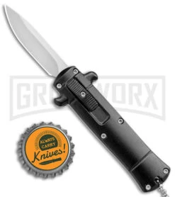Enzo Stiletto Mini Black W/ Black Bolsters D/A OTF Automatic Knife - Satin Plain -Kershaw Shop Enzo Stiletto Mini Black Black Bolsters OTF Auto Satin GX 38908 jr bottlecap large