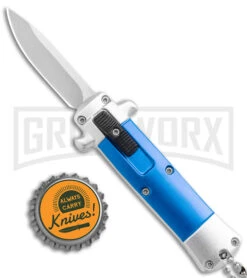 Enzo Stiletto Mini Blue W/ Silver Bolsters D/A OTF Automatic Knife - Satin Plain -Kershaw Shop Enzo Stiletto Mini Blue Silver Bolsters DA OTF Auto Satin GX 37643 jr bottlecap large