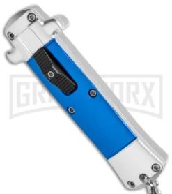 Enzo Stiletto Mini Blue W/ Silver Bolsters D/A OTF Automatic Knife - Satin Plain -Kershaw Shop Enzo Stiletto Mini Blue Silver Bolsters DA OTF Auto Satin GX 37643 jr spine large
