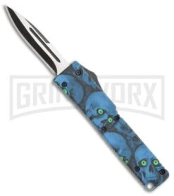 Firecracker Mini Blue Skull D/A OTF Automatic Knife - Black Plain