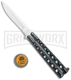Flick Blue Balisong Butterfly Knife Black/Blue - Drop Point Satin Plain -Kershaw Shop Flick Blue Balisong Butterfly DP Satin GX 36707 jr bottlecap large