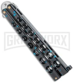 Flick Blue Balisong Butterfly Knife Black/Blue - Drop Point Satin Plain -Kershaw Shop Flick Blue Balisong Butterfly DP Satin GX 36707 jr side large