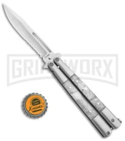 Regal White Swirl Balisong Butterfly Knife - Satin Serr -Kershaw Shop Flipper White Swirl Balisong Satin Serr GC30MWT GX 31277 jr bottlecap large