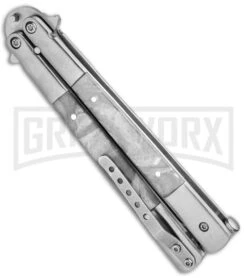 Regal White Swirl Balisong Butterfly Knife - Satin Serr -Kershaw Shop Flipper White Swirl Balisong Satin Serr GC30MWT GX 31277 jr side large