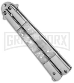 Regal White Swirl Balisong Butterfly Knife - Satin Serr -Kershaw Shop Flipper White Swirl Balisong Satin Serr GC30MWT GX 31277 jr spine large