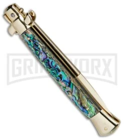 Frank B 11" Italian Stiletto Abalone Automatic Knife Gold - Gold Bayo -Kershaw Shop Frank B 11in Auto Italian Stiletto Abalone Bayo Gold BHQ 82054 jr side large