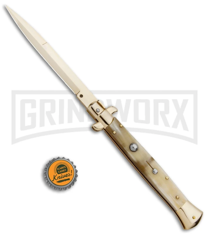 Frank B. 11" Italian Stiletto Honey Horn Automatic Knife - Bayonet Gold 6 Frank B. 11" Italian Stiletto Honey Horn Automatic Knife - Bayonet Gold - Image 4