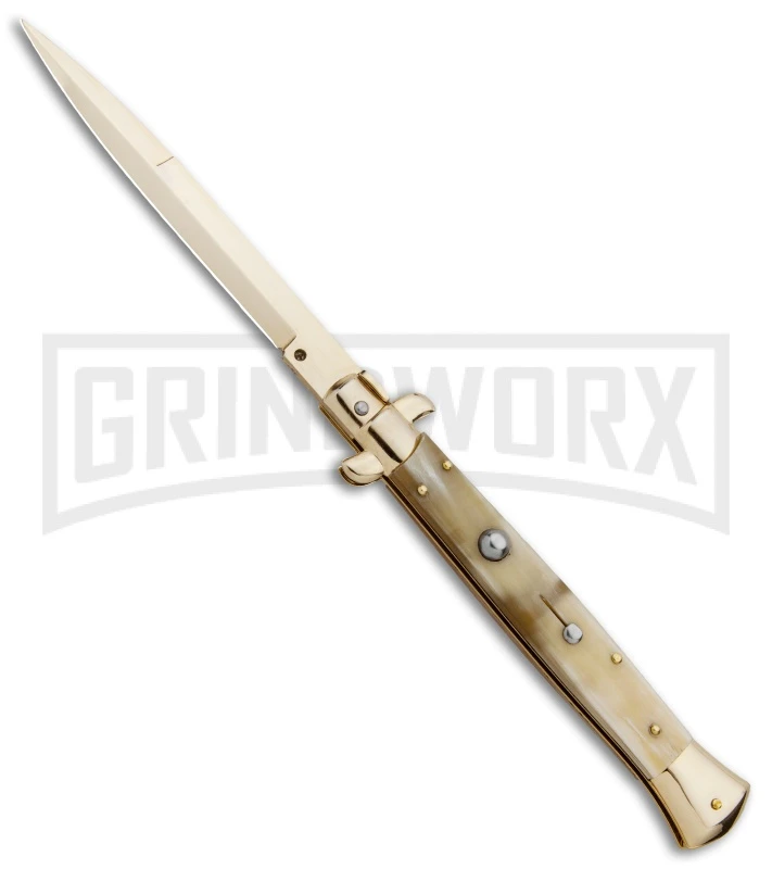 Frank B. 11" Italian Stiletto Honey Horn Automatic Knife - Bayonet Gold 3 Frank B. 11" Italian Stiletto Honey Horn Automatic Knife - Bayonet Gold