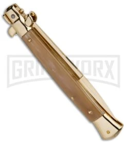 Frank B. 11" Italian Stiletto Honey Horn Automatic Knife - Bayonet Gold 8 Frank B. 11" Italian Stiletto Honey Horn Automatic Knife - Bayonet Gold -Kershaw Shop Frank B 11in Italian Stiletto Auto Dagger Honey Horn Gold GX 30505 jr side large