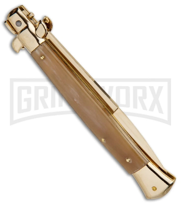 Frank B. 11" Italian Stiletto Honey Horn Automatic Knife - Bayonet Gold 5 Frank B. 11" Italian Stiletto Honey Horn Automatic Knife - Bayonet Gold - Image 3