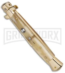 Frank B. 11" Italian Stiletto Honey Horn Automatic Knife - Bayonet Gold 7 Frank B. 11" Italian Stiletto Honey Horn Automatic Knife - Bayonet Gold -Kershaw Shop Frank B 11in Italian Stiletto Auto Dagger Honey Horn Gold GX 30505 jr spine large