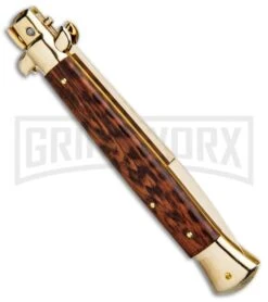 Frank B. 11" Snakewood Italian Stiletto Gold Plated - Gold Bayo Plain -Kershaw Shop Frank B 11in Italian Stiletto Auto Snakewood Gold Bayo BHQ 85969 jr side large