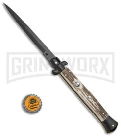 Frank B. 11" Stag Tactical Stiletto Automatic Knife - Bayo Black Plain -Kershaw Shop Frank B 11in Italian Stiletto Bayo Stag Black BP 20282 jr bottlecap large