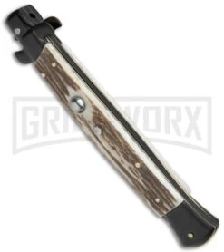 Frank B. 11" Stag Tactical Stiletto Automatic Knife - Bayo Black Plain -Kershaw Shop Frank B 11in Italian Stiletto Bayo Stag Black BP 20282 jr spine large