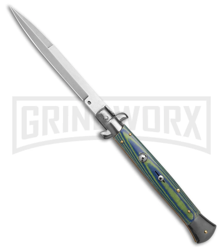 Frank B 11" Italian Stiletto Green/Blue Micarta Automatic Knife - Bayonet 3 Frank B 11" Italian Stiletto Green/Blue Micarta Automatic Knife - Bayonet