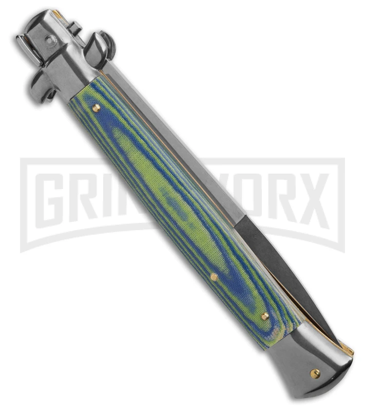 Frank B 11" Italian Stiletto Green/Blue Micarta Automatic Knife - Bayonet 5 Frank B 11" Italian Stiletto Green/Blue Micarta Automatic Knife - Bayonet - Image 3