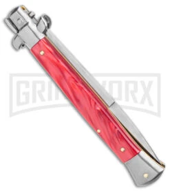 Frank B. 11" Italian Stiletto Red Pearlex Automatic Knife - Satin Bayonet Plain -Kershaw Shop Frank B 11in Italian Stiletto Red Pearlex Auto Satin Bayo GX 3212 jr side large