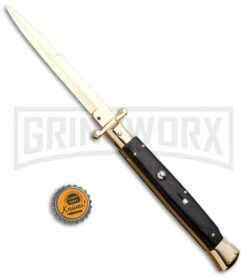 Frank B. 11" Ebony Italian Stiletto Swinguard Gold Plated - Bayo Gold -Kershaw Shop Frank B 11in Italian Stiletto Swinguard Ebony Bayo Gold BHQ 93765 jr bottlecap large