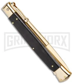 Frank B. 11" Ebony Italian Stiletto Swinguard Gold Plated - Bayo Gold -Kershaw Shop Frank B 11in Italian Stiletto Swinguard Ebony Bayo Gold BHQ 93765 jr side large