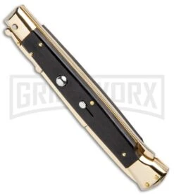 Frank B. 11" Ebony Italian Stiletto Swinguard Gold Plated - Bayo Gold -Kershaw Shop Frank B 11in Italian Stiletto Swinguard Ebony Bayo Gold BHQ 93765 jr spine large