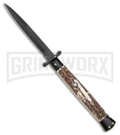 Frank B. 11" Italian Stiletto Swinguard Stag Horn Automatic Knife - Bayonet