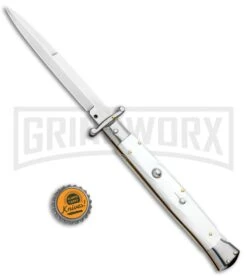 Frank B. 11" Pearlex Italian Stiletto Swinguard - Bayonet Satin -Kershaw Shop Frank B 11in Italian Stiletto Swinguard White Pearlex Bayo GX 4842 jr bottlecap large