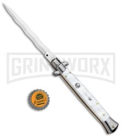 Frank B. 11" Italian Stiletto White Acrylic Automatic Knife - Kris Polish -Kershaw Shop Frank B 11in Italian Stiletto White Acrylic Auto Kriss Polish GX 33136 jr bottlecap large