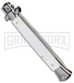 Frank B. 11" Italian Stiletto White Acrylic Automatic Knife - Kris Polish -Kershaw Shop Frank B 11in Italian Stiletto White Acrylic Auto Kriss Polish GX 33136 jr side large