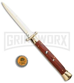 Frank B. 11" Cocobolo Italian Stiletto Swinguard Gold Plated - Bayonet Gold -Kershaw Shop Frank B 11in Italian Swinguard Bayo Cocobolo Gold BHQ 51921 jr bottlecap large
