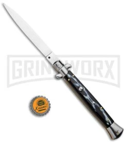 Frank B. 11" Italian Stiletto Sim Dark Horn Automatic Knife - Satin -Kershaw Shop Frank B 11in Stiletto Bayo Auto Sim Dark Horn Satin GX 33762 jr bottlecap large