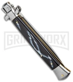 Frank B. 11" Italian Stiletto Sim Dark Horn Automatic Knife - Satin -Kershaw Shop Frank B 11in Stiletto Bayo Auto Sim Dark Horn Satin GX 33762 jr side large