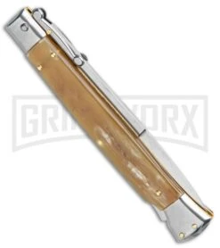 Frank B 11" Italian Stiletto Swinguard Honey Horn Automatic Knife - Bayonet -Kershaw Shop Frank B 11in Stiletto Swinguard Honey Horn Bayo GX 14528 jr side large