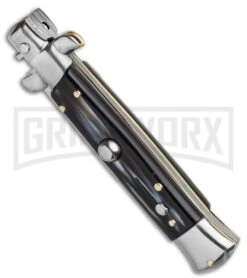 Frank B. 7.5" Italian Stiletto Simulated Dark Horn Auto Knife - Polish Bayonet 7 Frank B. 7.5" Italian Stiletto Simulated Dark Horn Auto Knife - Polish Bayonet -Kershaw Shop Frank B 7.5 Italian Stiletto Automatic Knife Imitation Horn 3.25 Polish Bayo BHQ 118530 LS Spine large