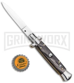 Frank B. 7.5" Italian Stiletto Dark Horn Automatic Knife - Polish -Kershaw Shop Frank B 7.5in Italian Stietto Dark Horn Auto Polish GX 33831 jr bottlecap large