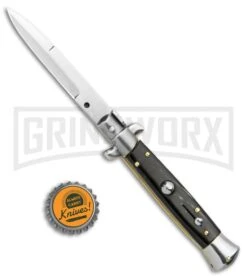 Frank B. 7.5" Italian Stiletto Bayo Dark Horn Automatic Knife - Polish -Kershaw Shop Frank B 7.5in Italian Stiletto Auto Bayo Dark Horn Polish BHQ 114617 jr bottlecap large