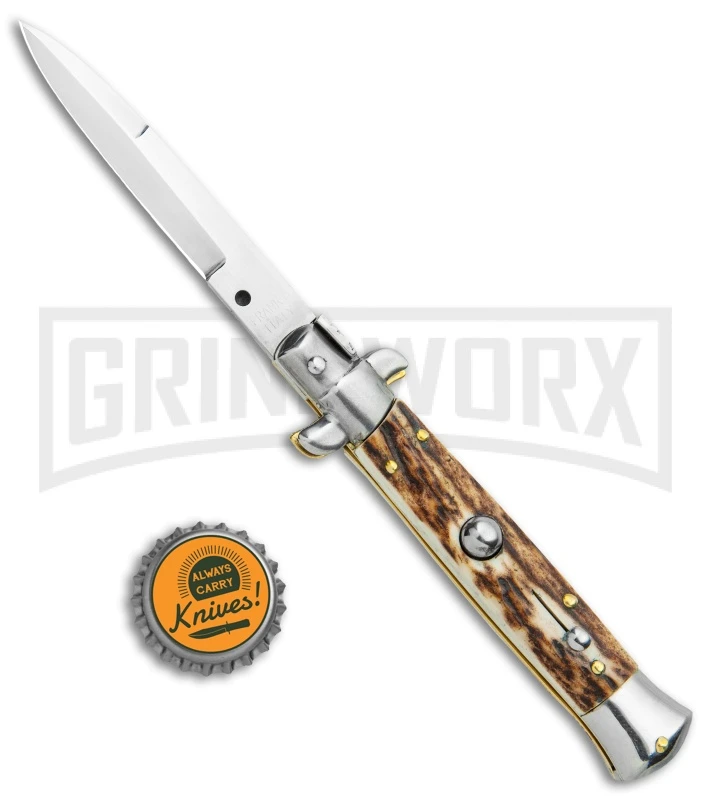 Frank B 7.5" Italian Stiletto Stag Horn Automatic Knife - Bayonet 6 Frank B 7.5" Italian Stiletto Stag Horn Automatic Knife - Bayonet - Image 4